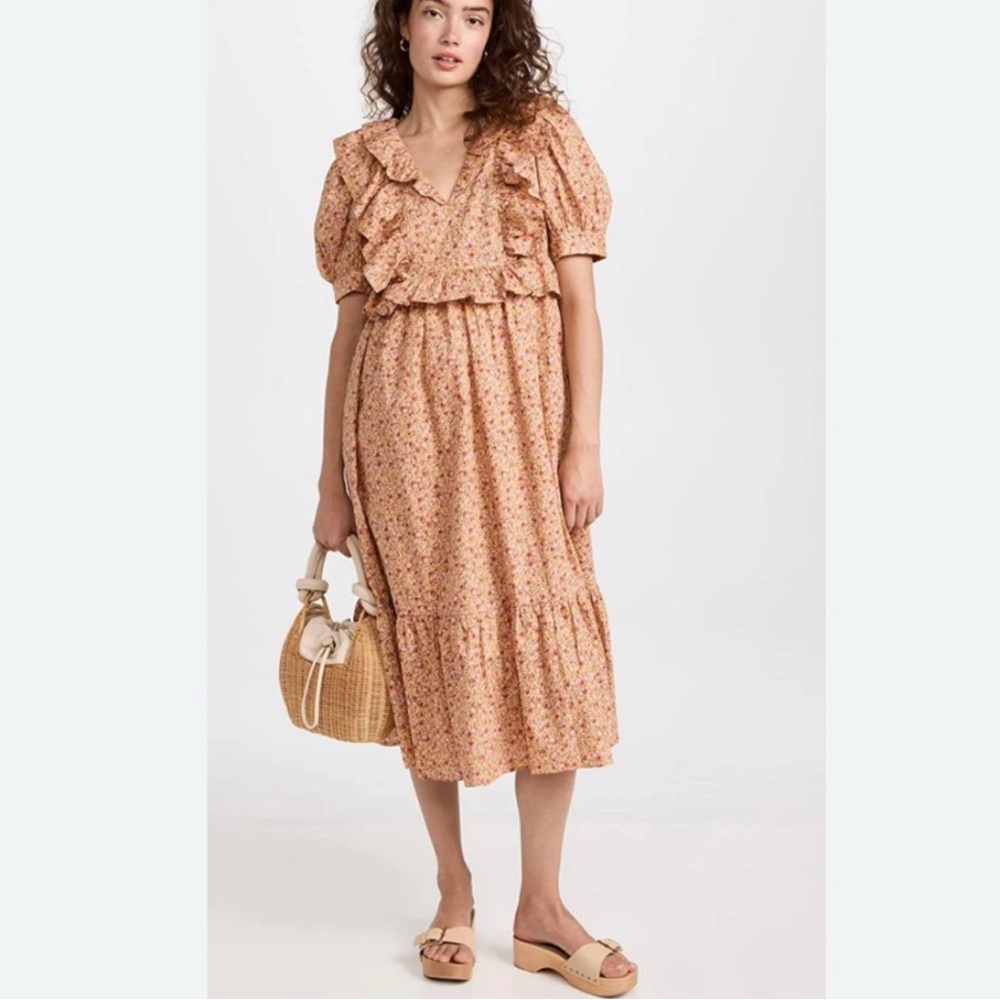 English Factory | Cotton Floral Ruffled Midi Dress, orange with pink roses, XS - Picture 3 of 11